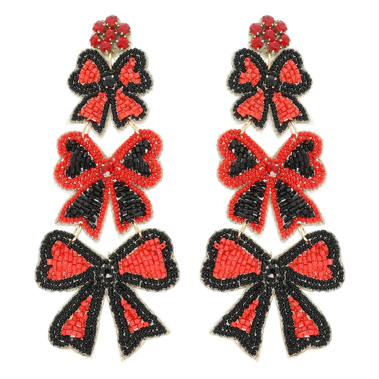 Game Day Striped Bow Ribbon Beaded Earrings : Red & Black