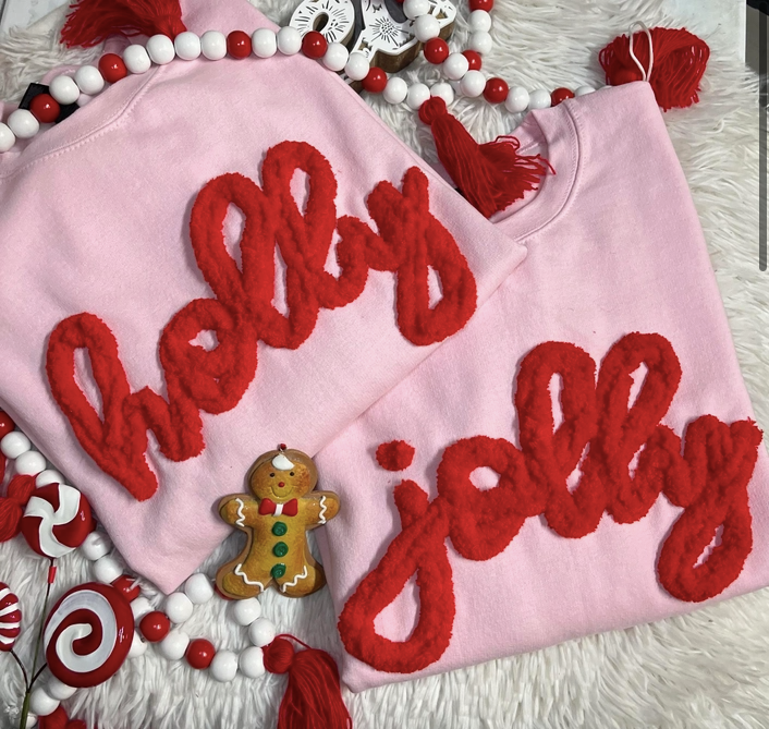 Adult Pink Christmas Sweatshirt w/Chunky Chenille Yarn (Preorder)