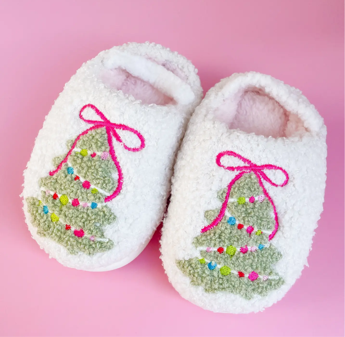 Pink Bow Christmas Tree Slippers