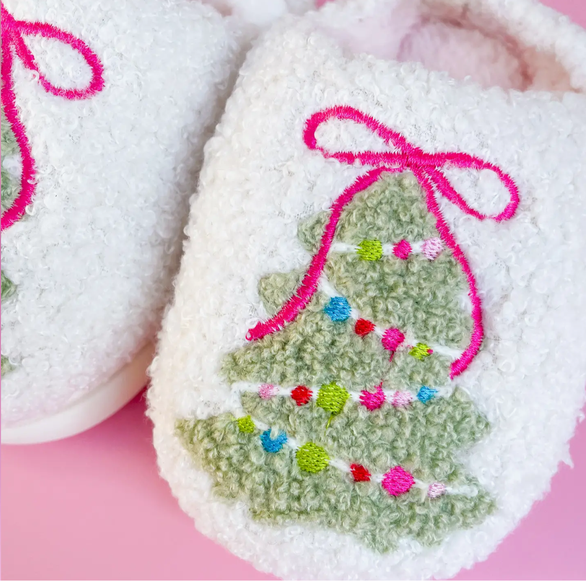 Pink Bow Christmas Tree Slippers