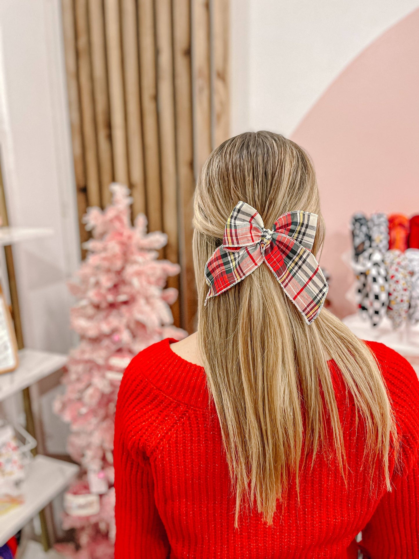 Cream Red Plaid Oversized Bow