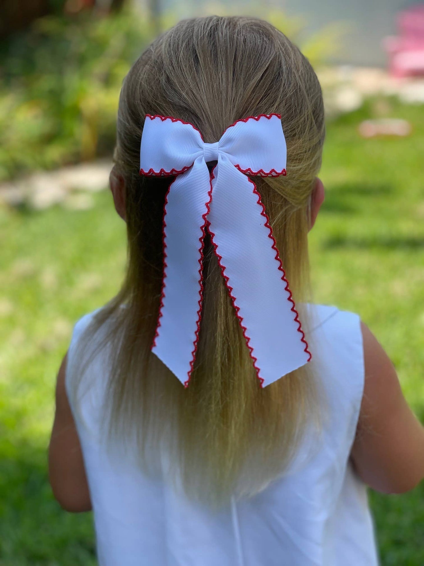 White grosgrain with Blue Moonstitch Long Tail Bow