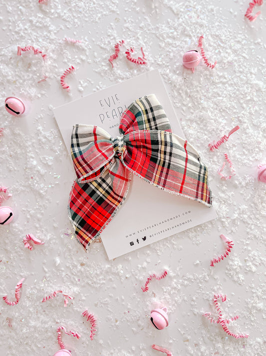 Cream Red Plaid Oversized Bow